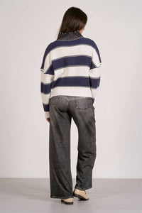 ELAN Nautical Striped Quarter Zip Cotton Sweater in white navy - women's sweater - detail view