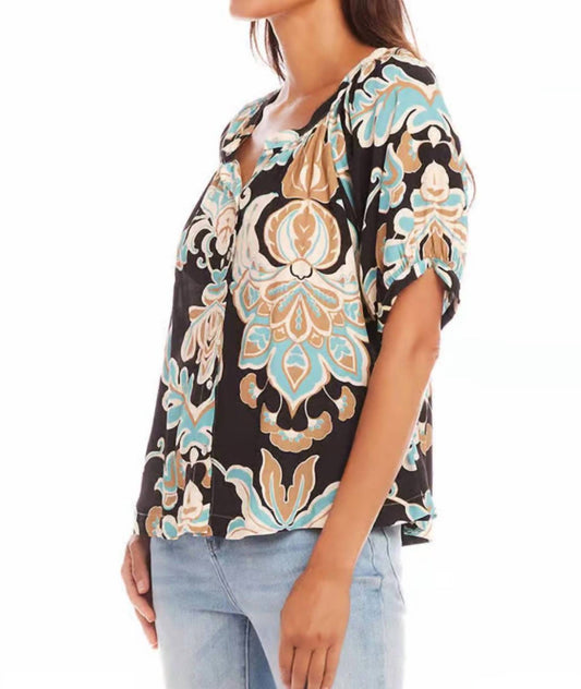 Karen Kane - Short Sleeve Peasant Top In Print