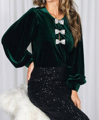 Vine & Love Sequin Bow Accent Luxe Velvet Blouse in hunter green - women's blouse - view 4