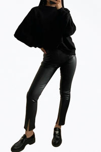 HIGH-RISE VEGAN LEATHER SPLIT-HEM PANTS