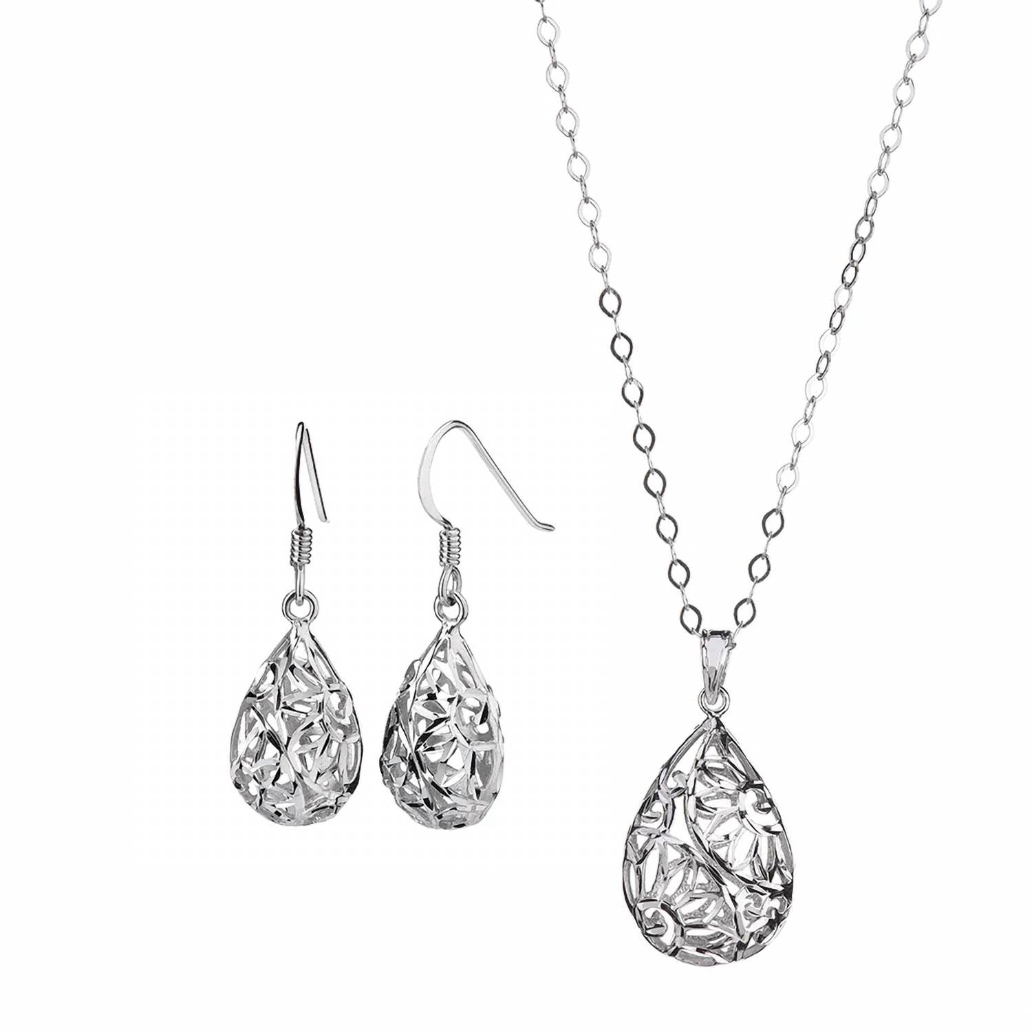 Gold & Honey - Women's Sterling Silver Pear Shape Filigree Drop Earrings And Pendant Necklace Set