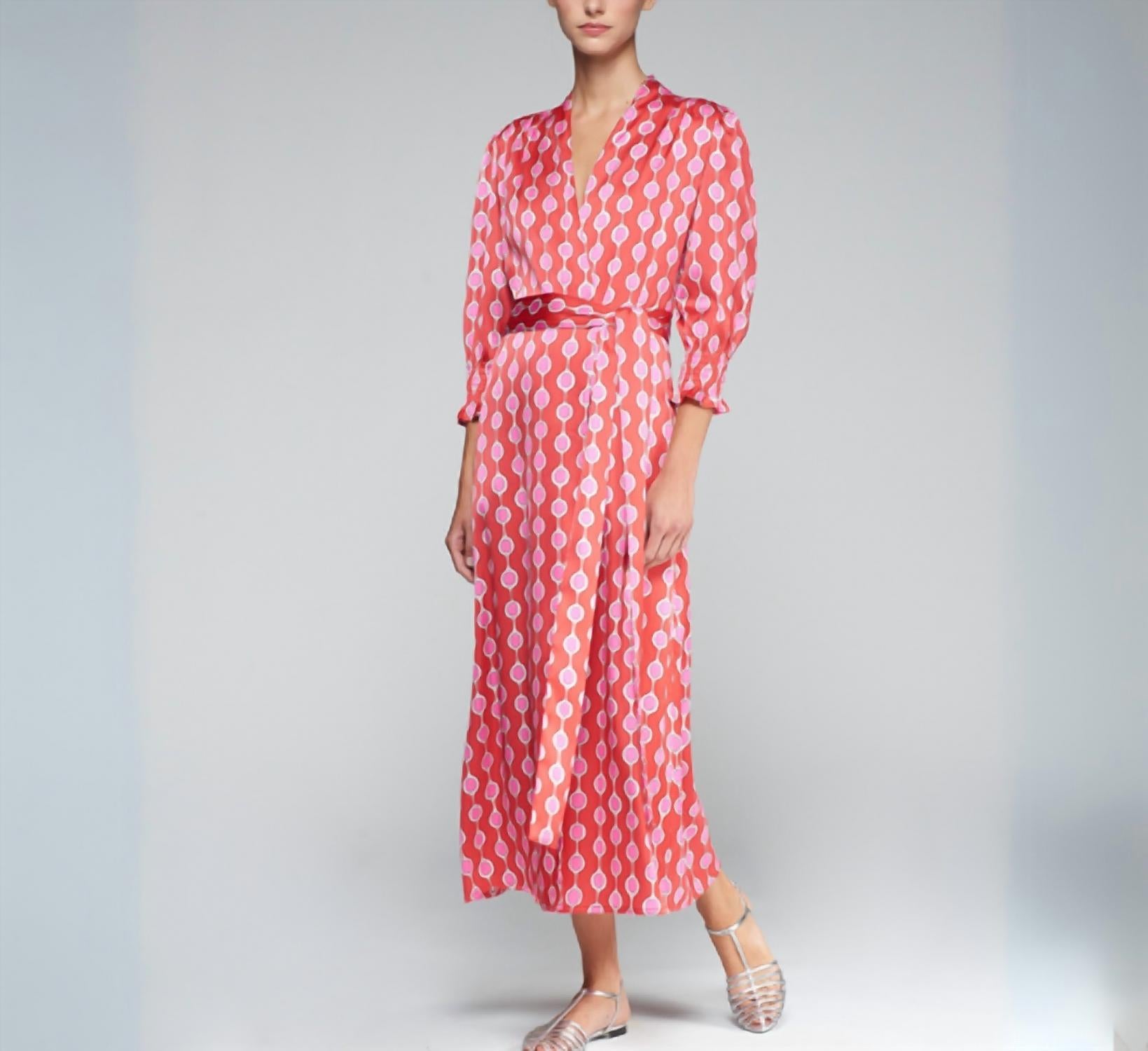 Vilagallo Printed Midi Wrap Dress in red and pink - women's dress