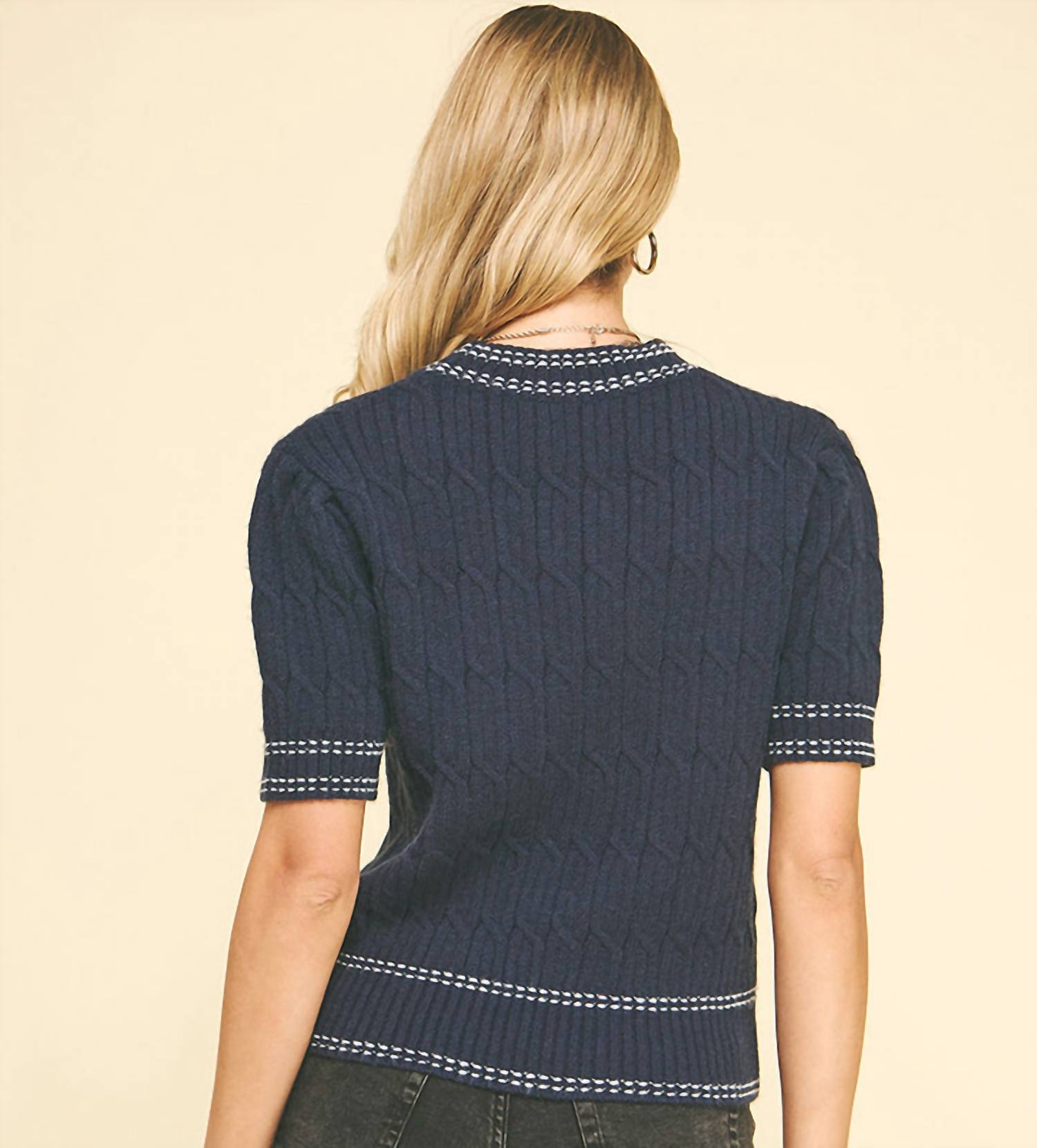 PINCH Cable Knit Short Sleeve Sweater in navy - women's t-shirt - detail view