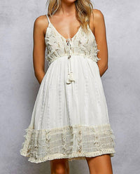Pol - Tiered Tassel Trim Wooden Bead Smocked Dress