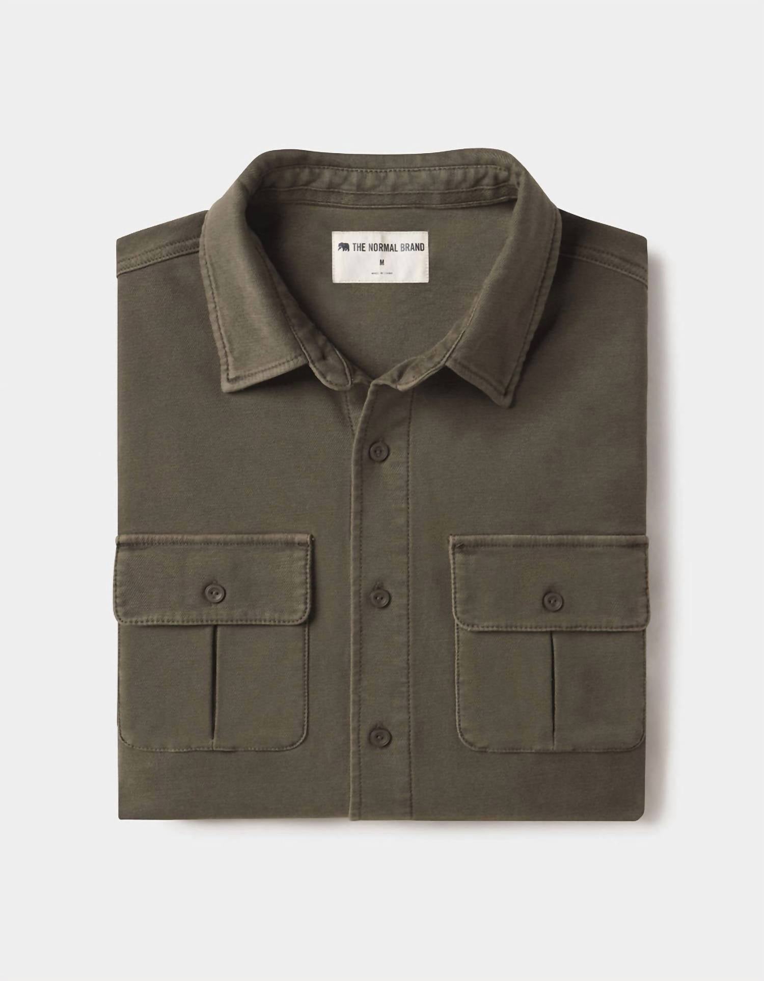 The Normal Brand Comfort Terry Shirt Jacket in olive - men's jacket - detail view