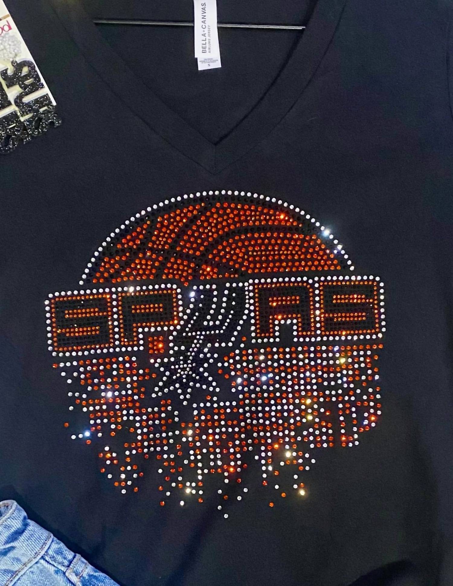 Crystallized by Sparkle Women's Spurs Basketball V Neck Tee Top in black 1 - women's t-shirt - detail view