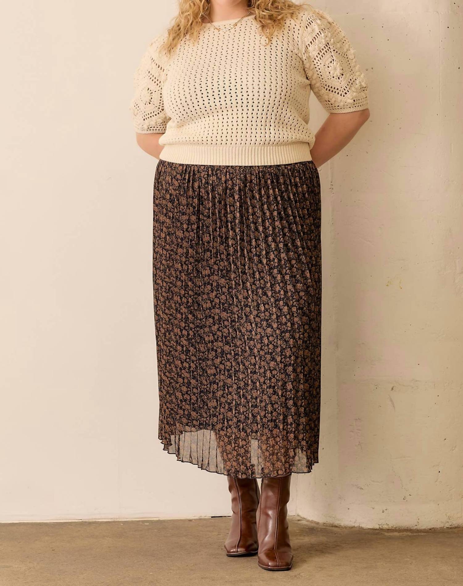 Polagram - Floral Print Pleated Skirt -PLUS