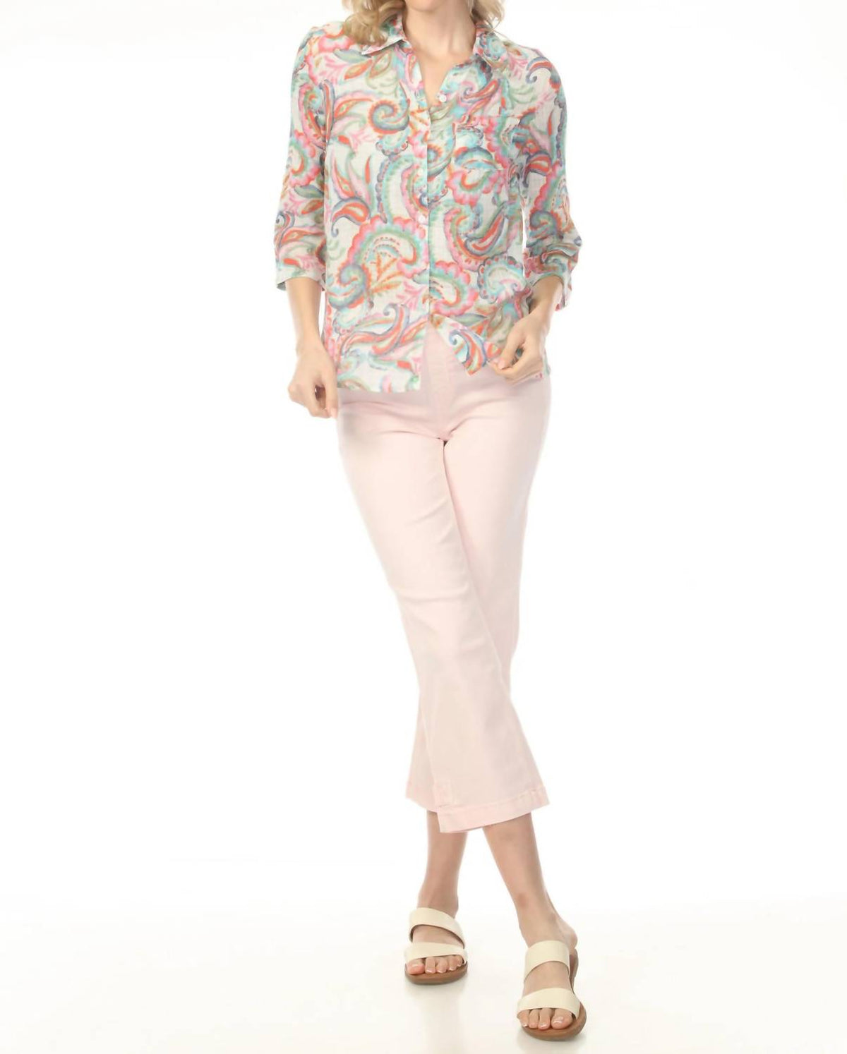 Charlie B - Printed Cotton Roll-up Sleeve Blouse