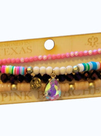 Pink Panache Women's Stretch Stack Bracelet Set in pink rainbow purple tan beaded - women's jewelry - detail view