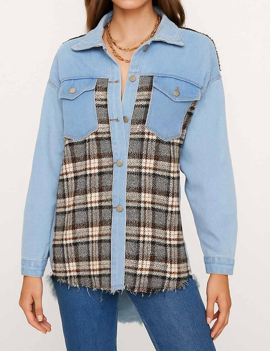Sweetkama - Plaid Color Block Jean Jacket
