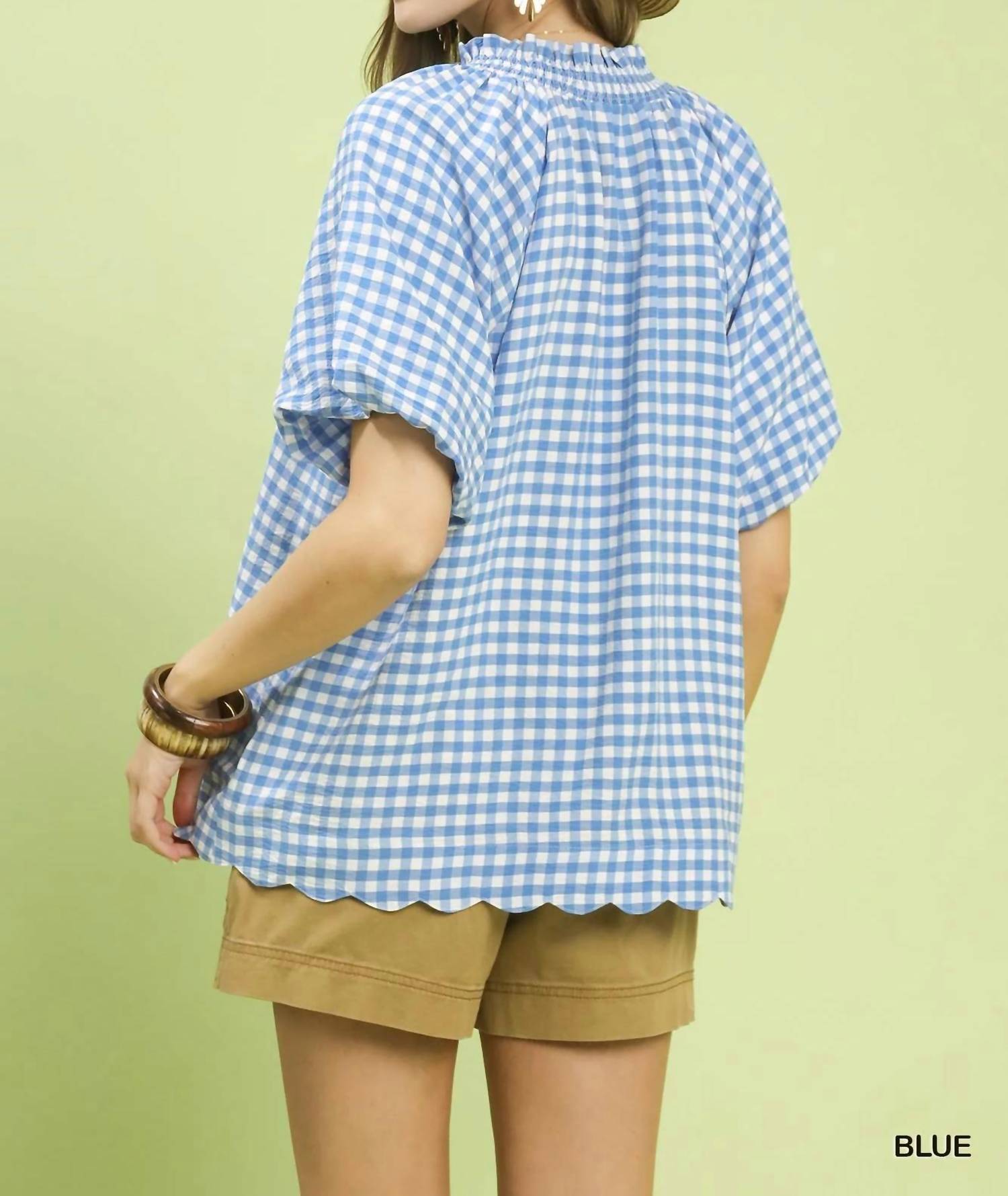 Umgee - Gingham Bubble Sleeve V-neck Top