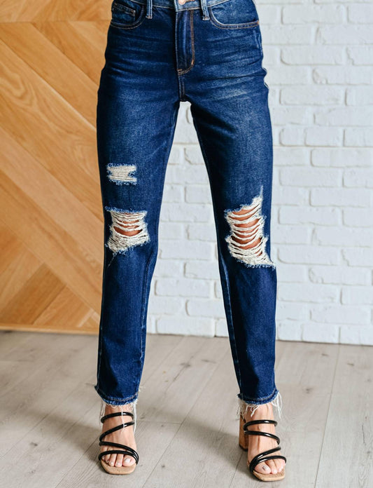 Judy Blue - High Rise Rigid Magic Distressed Straight Jeans