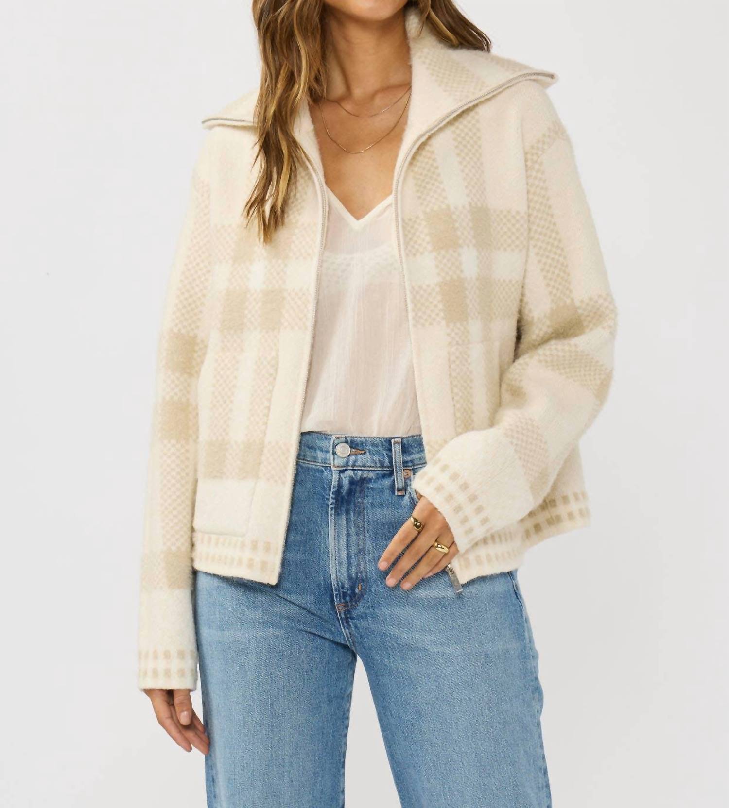 Lovestitch - Plaid Knit Zip-up Bomber Jacket