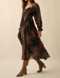 Promesa - Floral-print Smocked Bubble Sleeve Maxi Dress