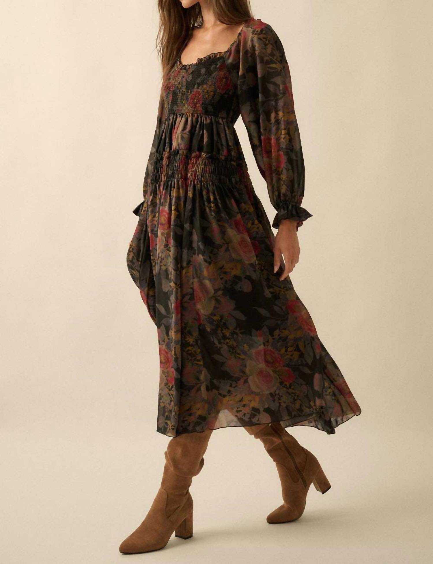 Promesa - Floral-print Smocked Bubble Sleeve Maxi Dress