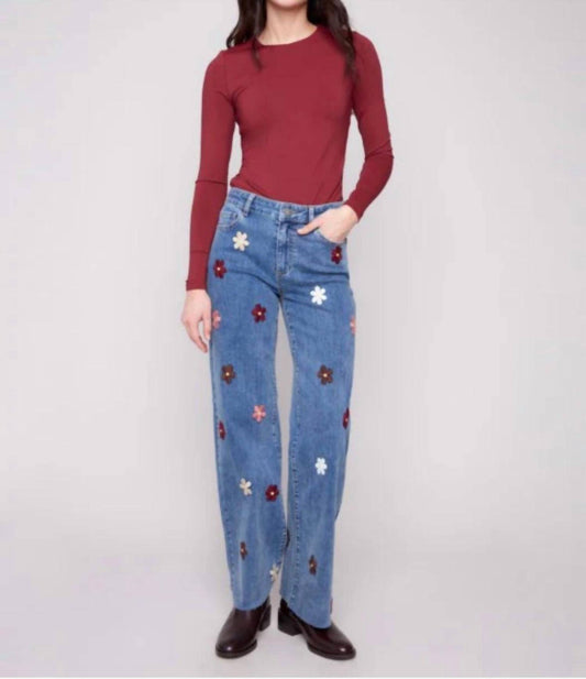 Charlie B - Wide Leg All Over Flower Patch Stretch Denim