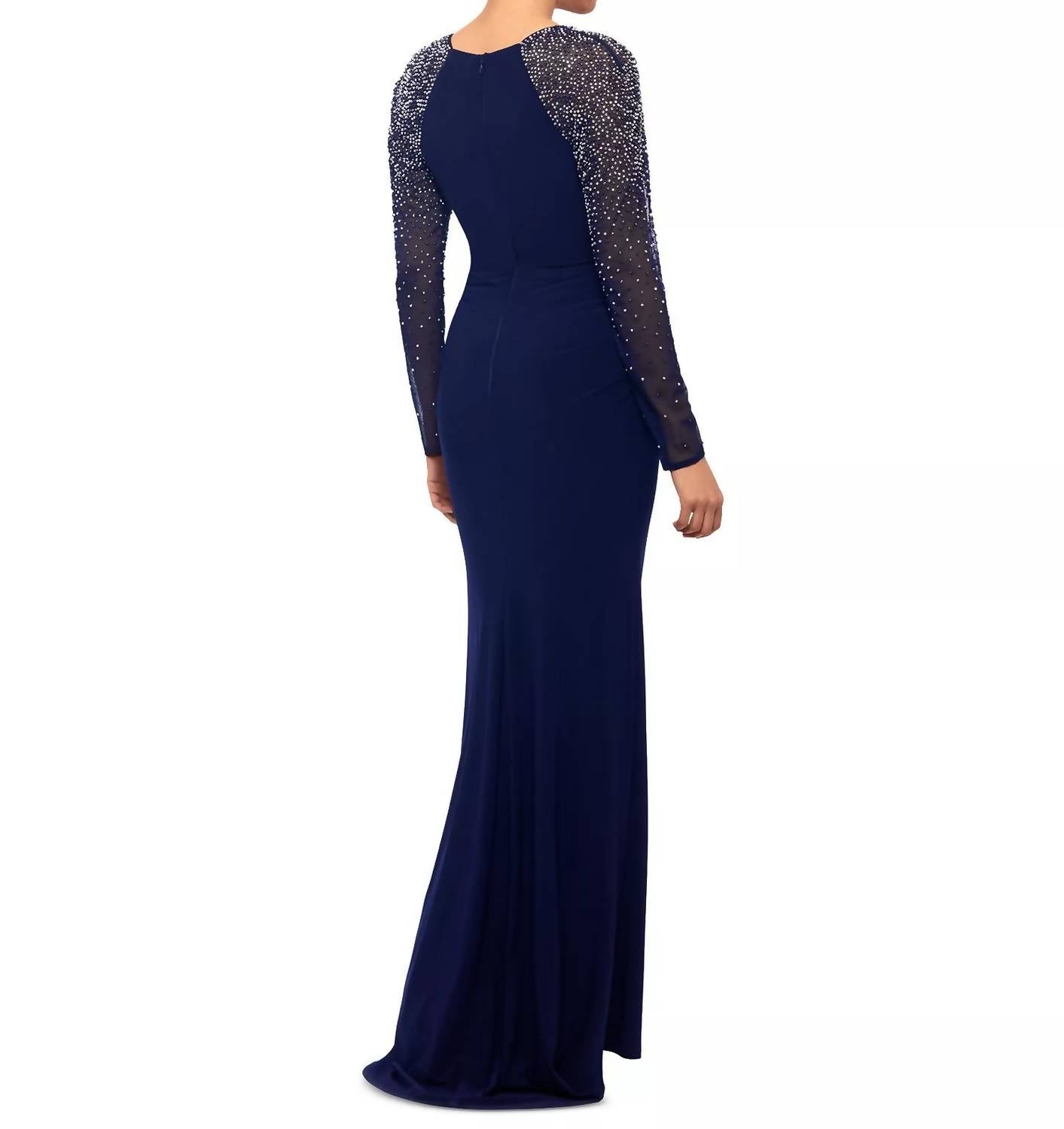 Betsy & Adam Mesh-sleeve V-neck Evening Gown in blue - women's dress - detail view