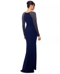 Betsy & Adam Mesh-sleeve V-neck Evening Gown in blue - women's dress - alternate view