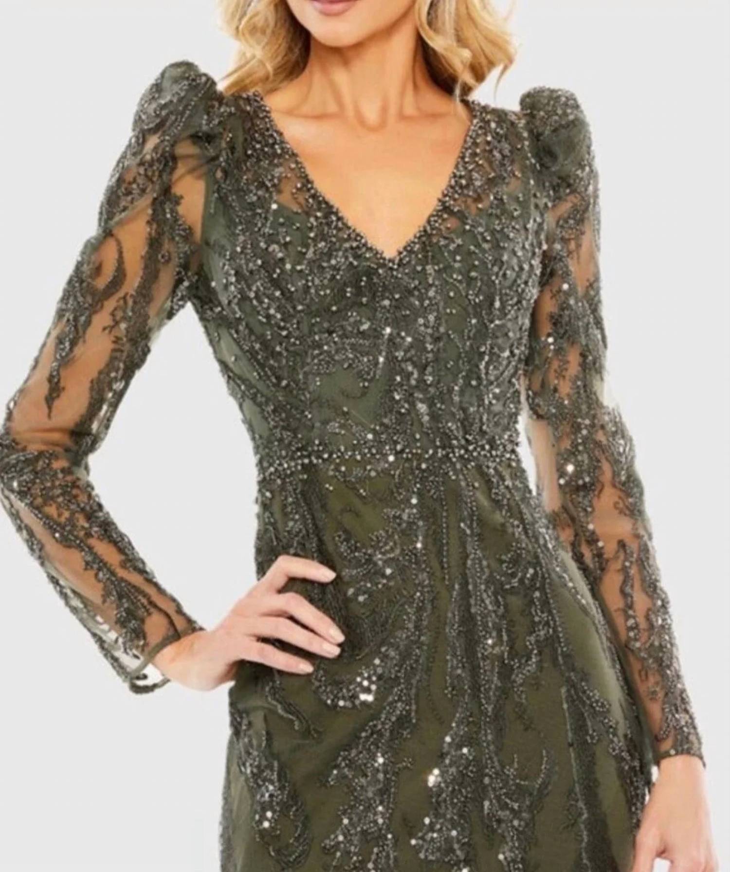 Mac Duggal - Long Sleeve Beaded V-neck Gown