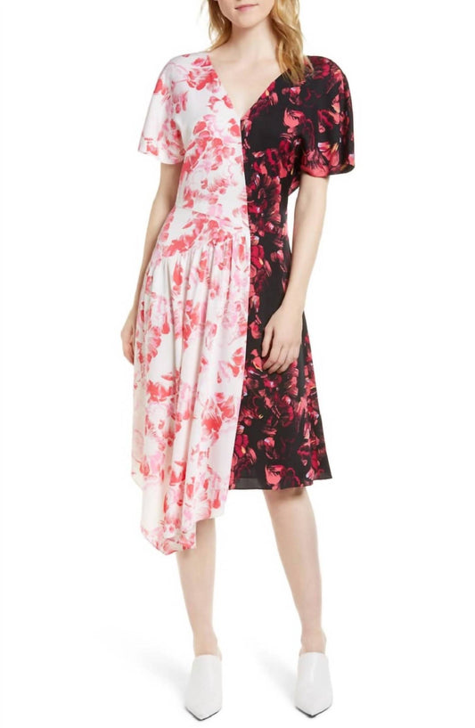 Lewit - Silk Blend Floral Print Stretch Double Contrast Midi Dress