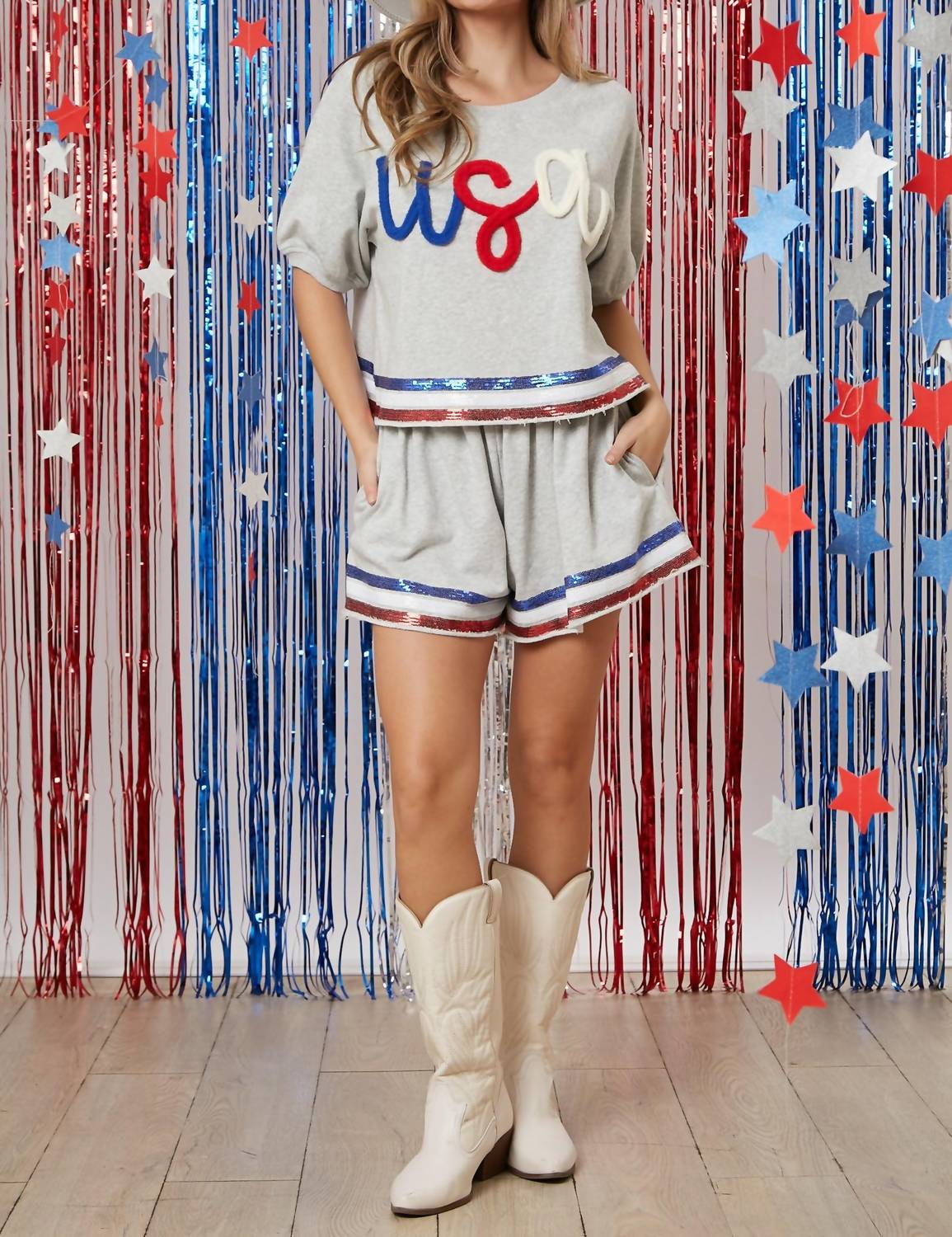Poshture Finds - "USA" Puff Crop with Sequin Hem