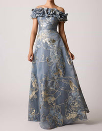 Teri Jon - Jacquard Scrunch Neckline Off Shoulder Gown