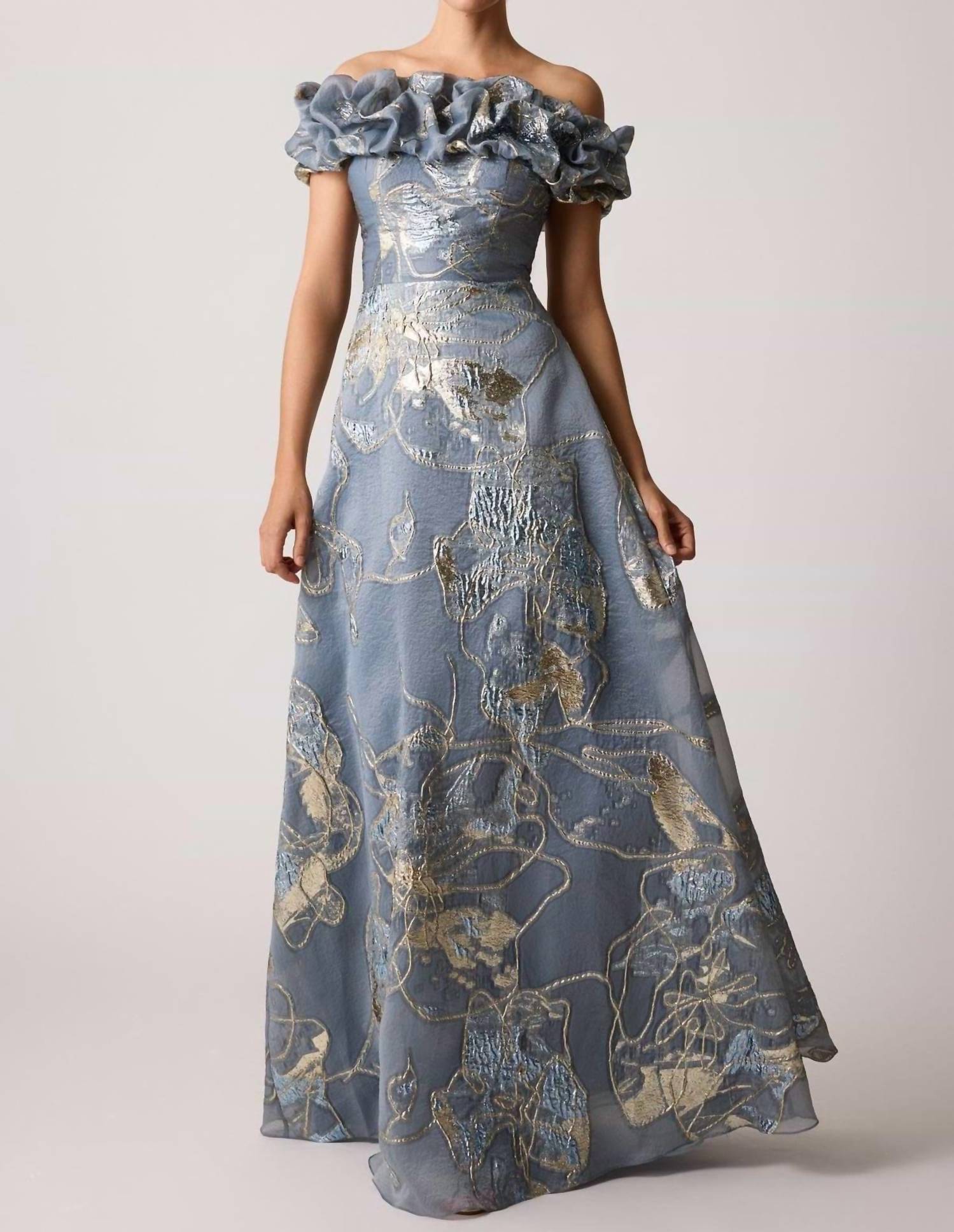 Teri Jon - Jacquard Scrunch Neckline Off Shoulder Gown