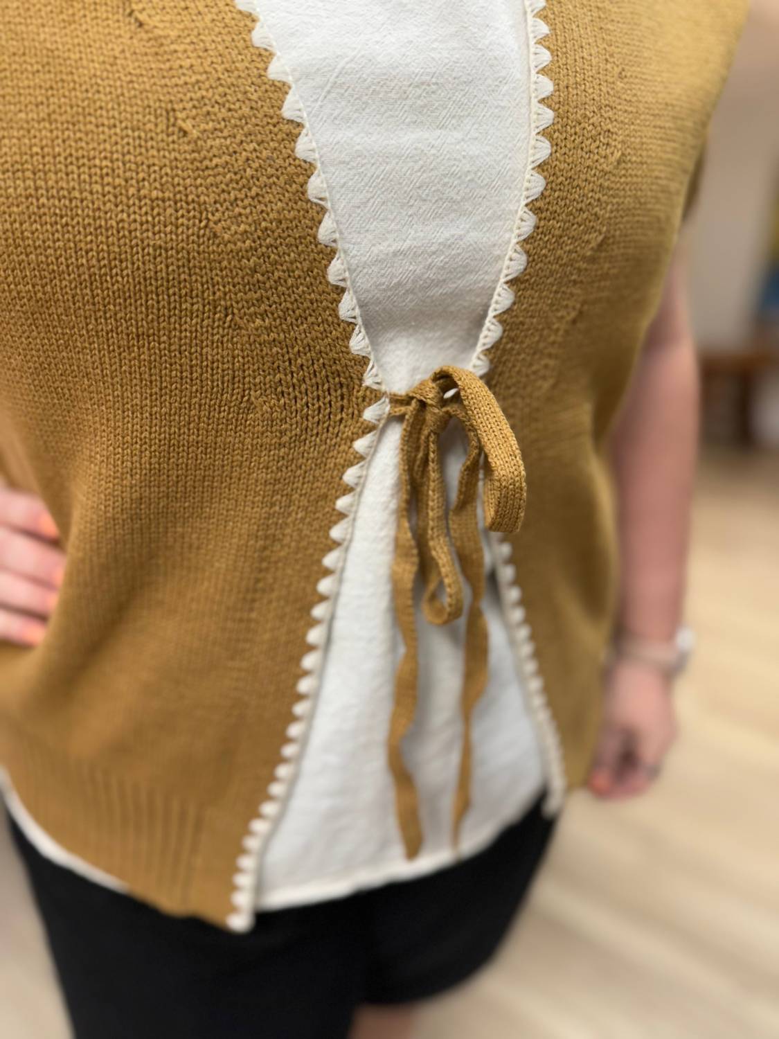 Urban Daizy Tie Front Vest in ochre - women's jacket - detail view