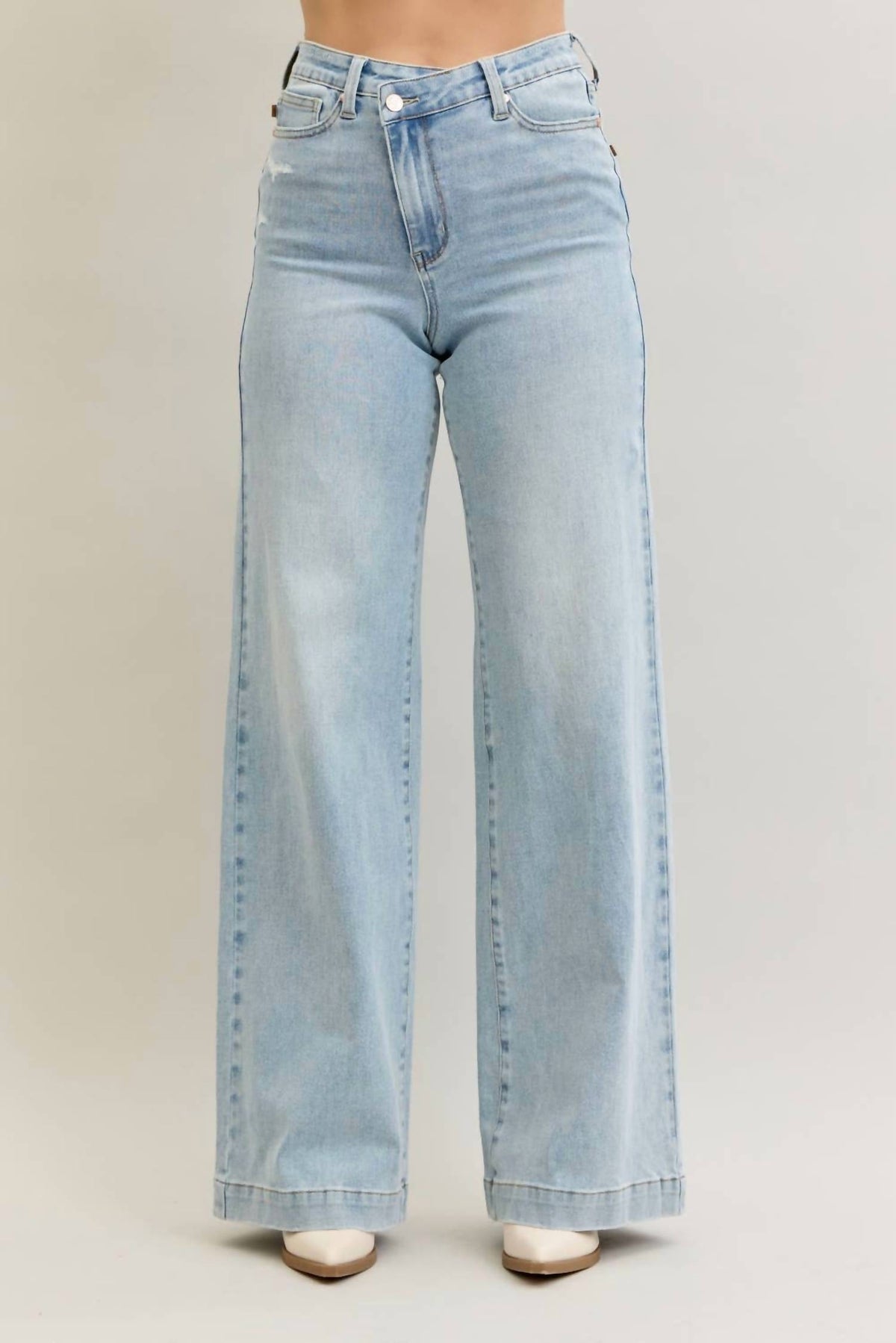 Judy Blue - High Waist Retro Wide Criss-cross Mild Destroy Jeans