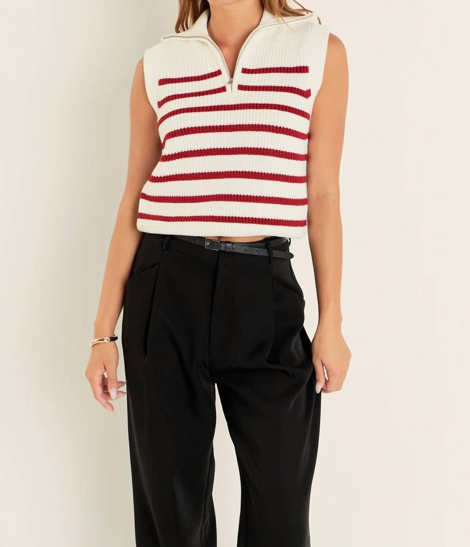 English Factory - Stripe Half-zip Sleeveless Sweater