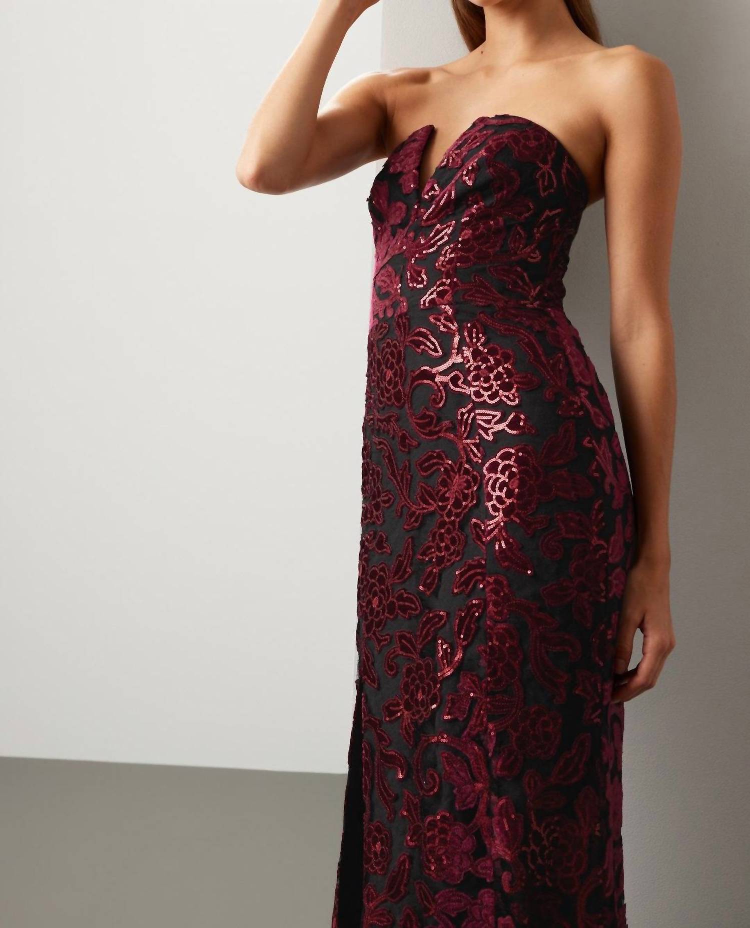 DRESS THE POPULATION Fernanda Floral Sequin Strapless Gown in black burgundy - women's dress - alternate view