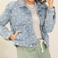 Blu Pepper - Floral Denim Collard Button Down Jacket