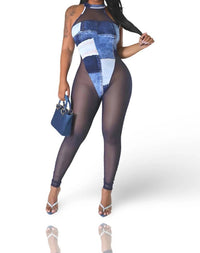 Maypink - Everything & More Mesh Stretchy Sleeveless Color Block Denim Print Jumpsuit