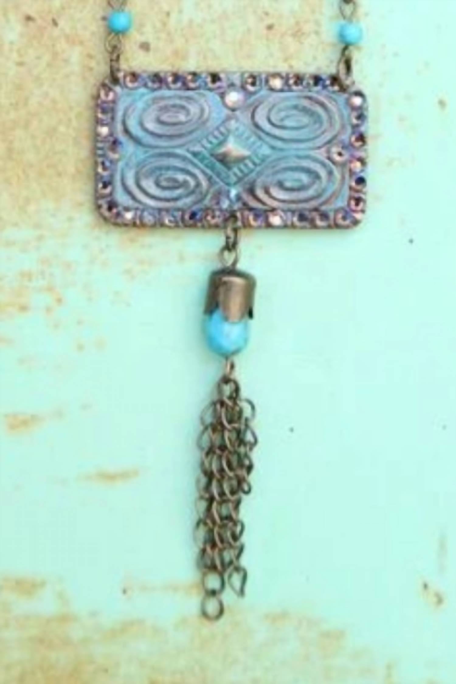 Pink Panache Women's Chain Necklace Linked With Aztec Stamped Pendant in turquoise - women's jewelry - detail view