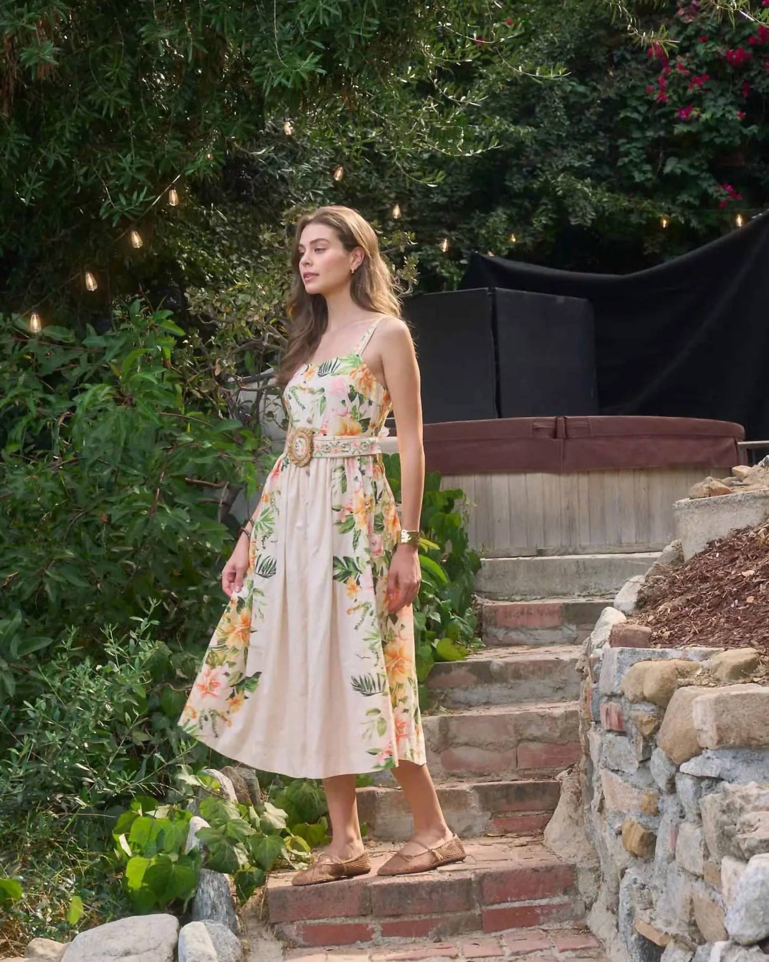 Moon River - Sleeveless Square Neck Floral Print Dress With Belt Detail