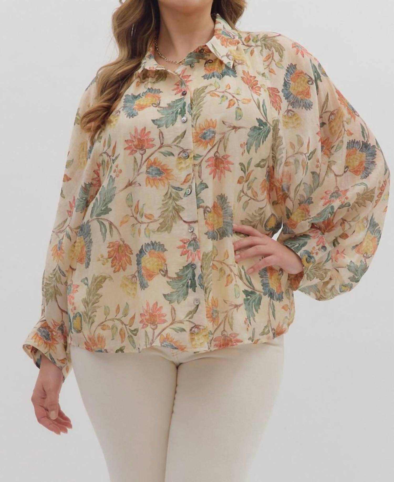 Entro - Floral Print Long Sleeve Button-down Top