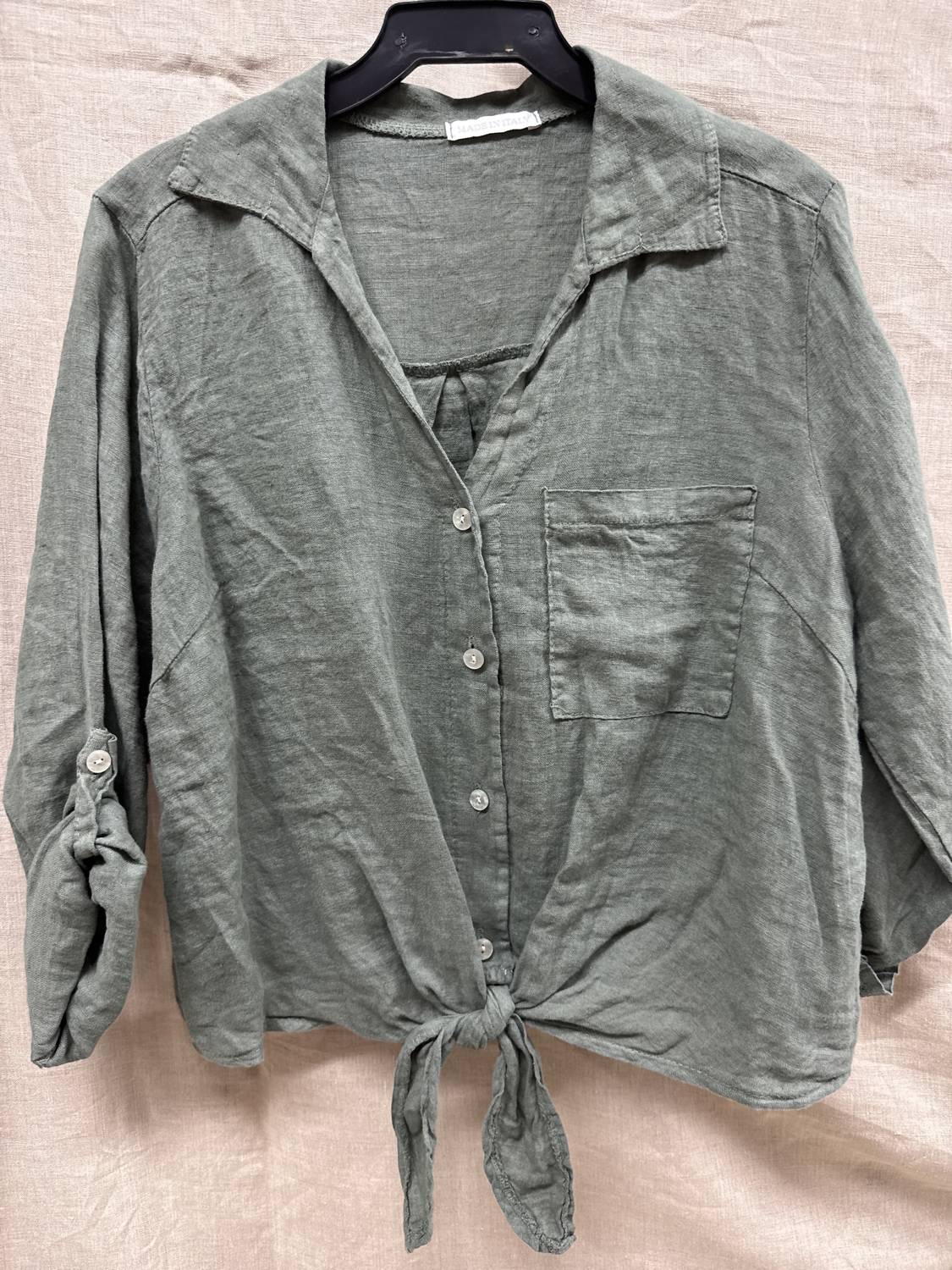Made in Italy Women's Linen Tie Front Blouse in italy women s linen tie front blouse in olive - women's blouse