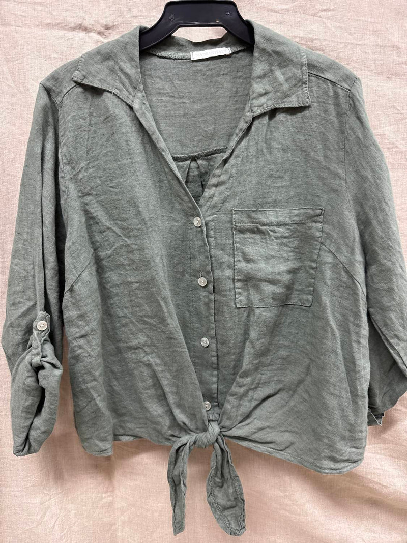 Made in Italy Women's Linen Tie Front Blouse in italy women s linen tie front blouse in olive - women's blouse