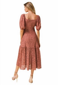 Flying Tomato - Lace Puff Sleeve Midi Dress