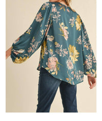 Jodifl Satin Floral Print Blouse With Bubble Sleeves in teal - women's blouse - alternate view