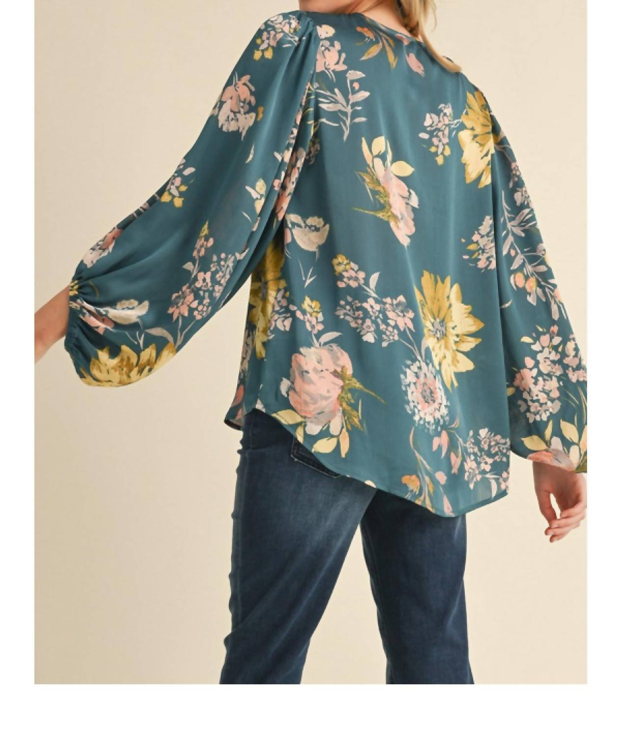 Jodifl Satin Floral Print Blouse With Bubble Sleeves in teal - women's blouse - alternate view