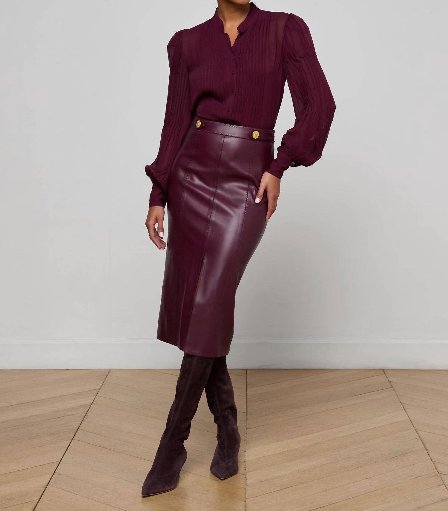 L'Agence Noor Mandarin Pleated Blouse in dark port - women's blouse - view 5