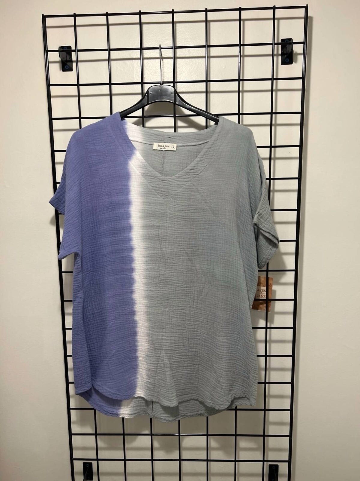 Jess & Jane Block Mineral Washed Gauze Short Sleeve Top in ombre - women's t-shirt - detail view