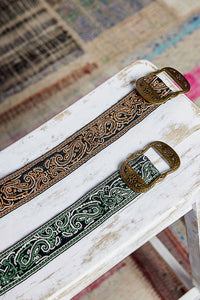 Pol - Women's Paisley Embroidered Boho Belt With Burnished Gold Buckle