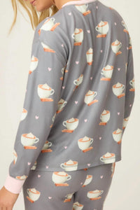 PJ Salvage Women's Love You A Latte Coffee Print Long Sleeve Top in charcoal - women's long sleeve top - detail view