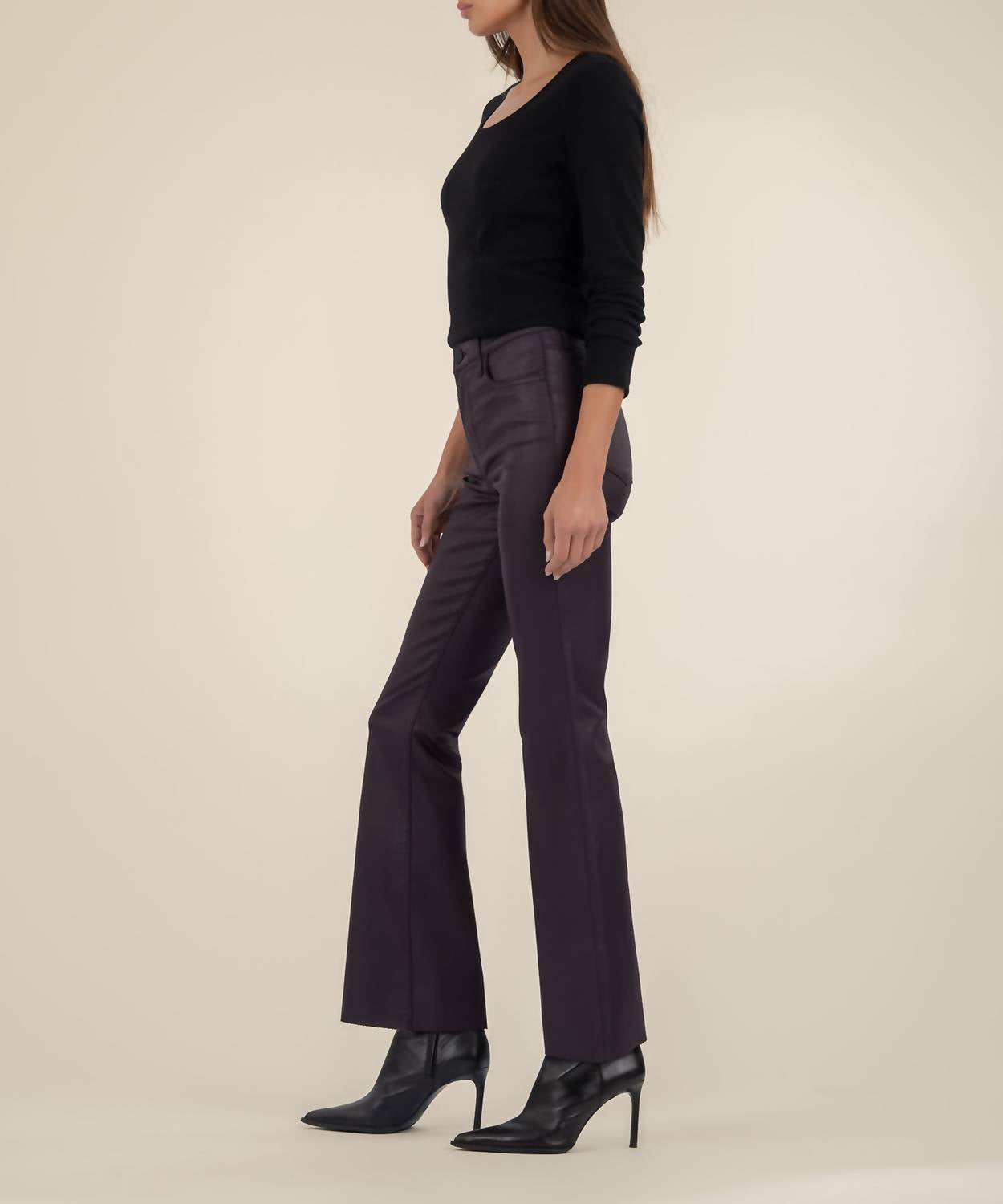 KUT FROM THE KLOTH Stella Coated High Rise Flare Pants in sangria - women's pants - detail view