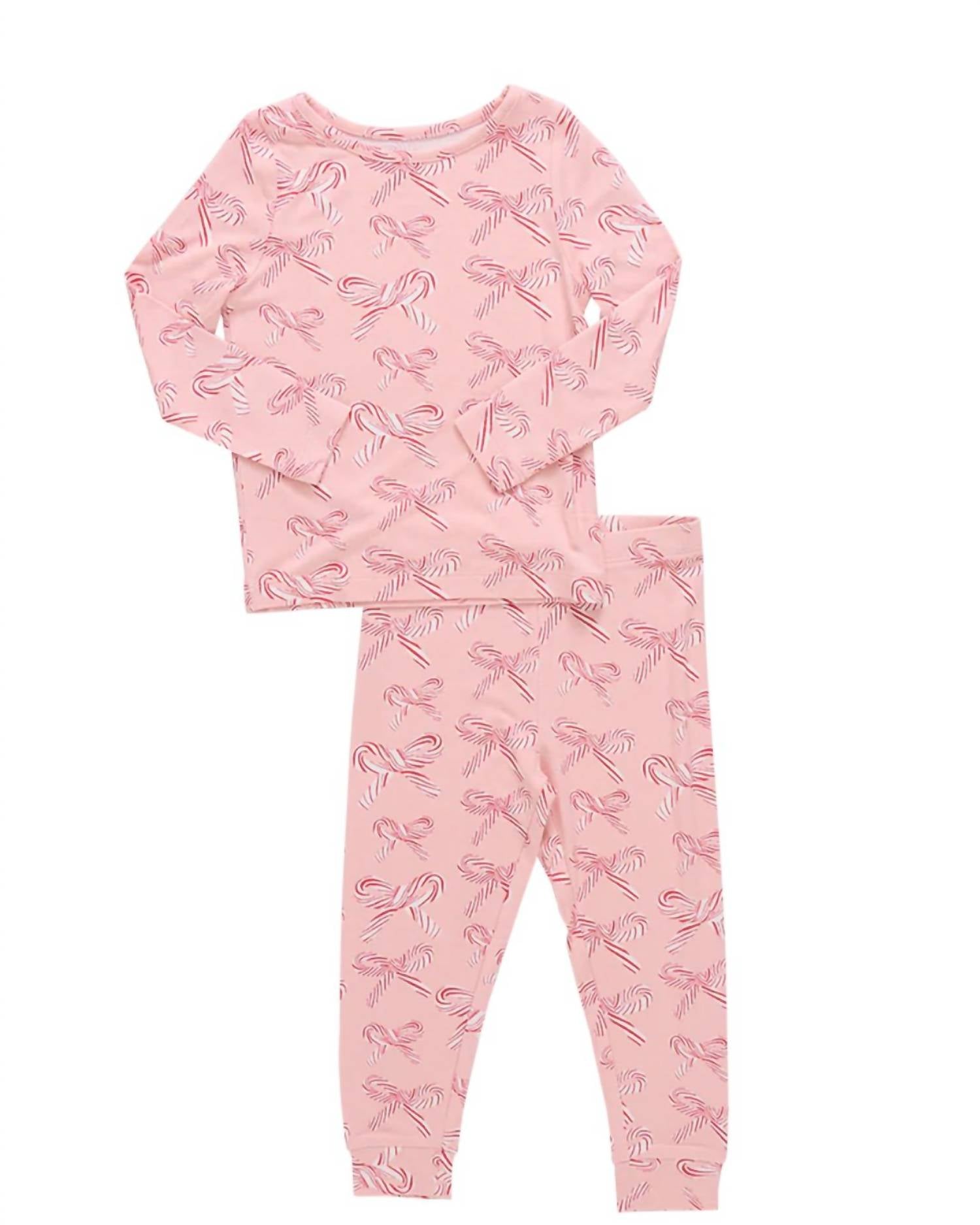 PINK CHICKEN Kid's Bamboo Pajama Set in candy cane bows - kids' sleepwear - detail view