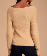 SAGE THE LABEL Marah Eyelash Knit Cross Front Sweater in tan - women's sweater - detail view