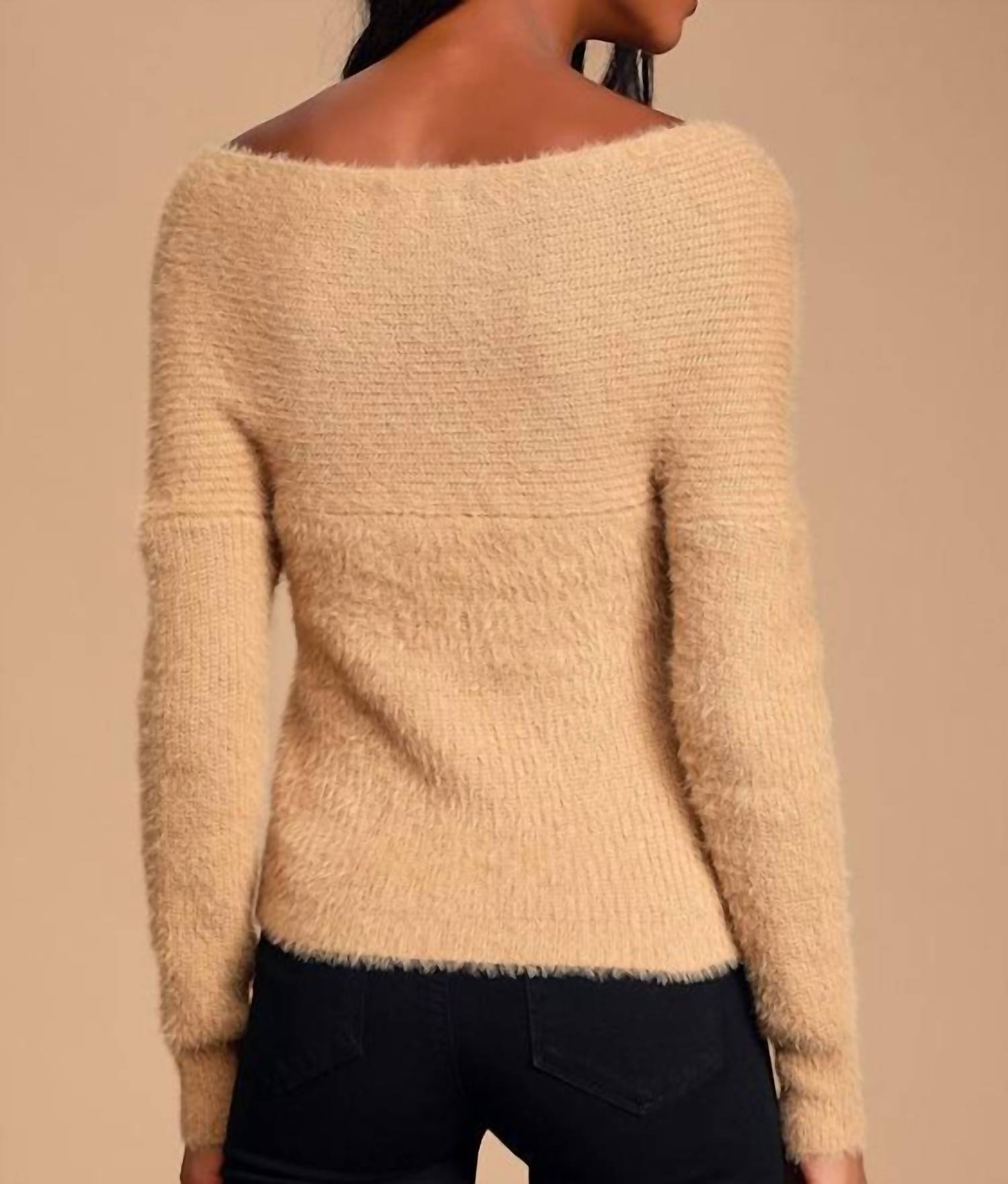 SAGE THE LABEL Marah Eyelash Knit Cross Front Sweater in tan - women's sweater - detail view