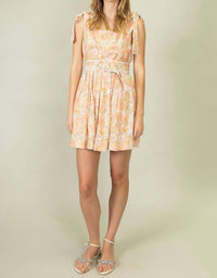 Heyson - Linen Print Crochet Trim and Pleated Belt Mini Dress
